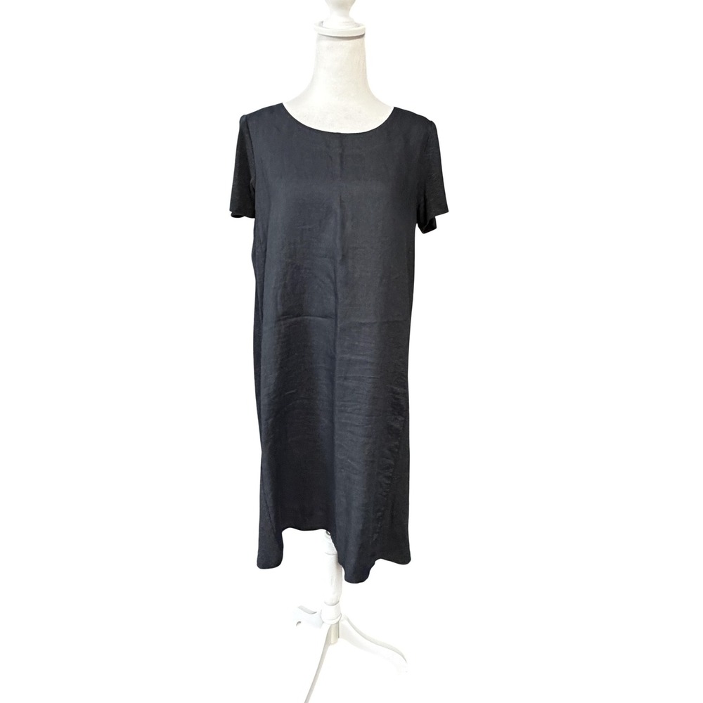 Pure Jill Linen Dress Womens S Black Shift Short Sleeve Scoop Neck Knee Length